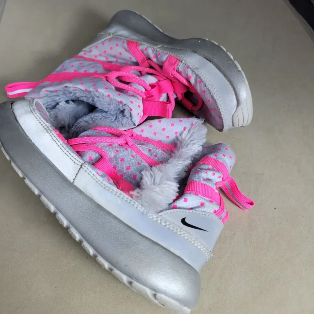 Nike Rosherun Hi Sneakerboot Girls 12 Silver Pink Comfy‎ Faux Leather Snow Boots